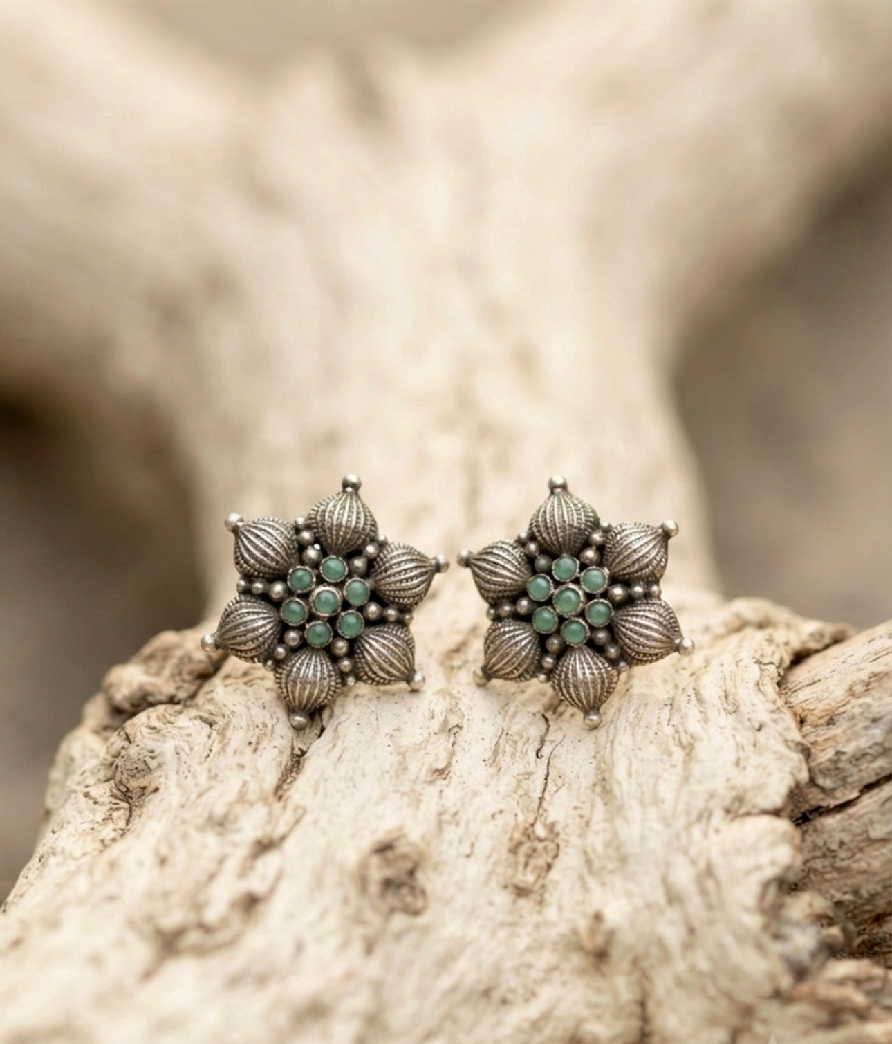 Vintage Floral Turquoise Oxidised Silver Stud Earrings