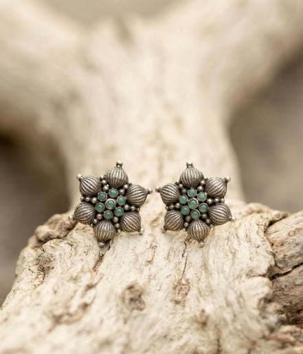 Vintage Floral Turquoise Oxidised Silver Stud Earrings