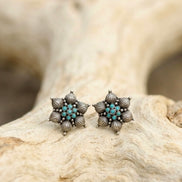Vintage Floral Turquoise Oxidised Silver Stud Earrings