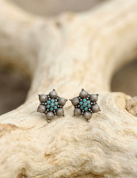 Vintage Floral Turquoise Oxidised Silver Stud Earrings