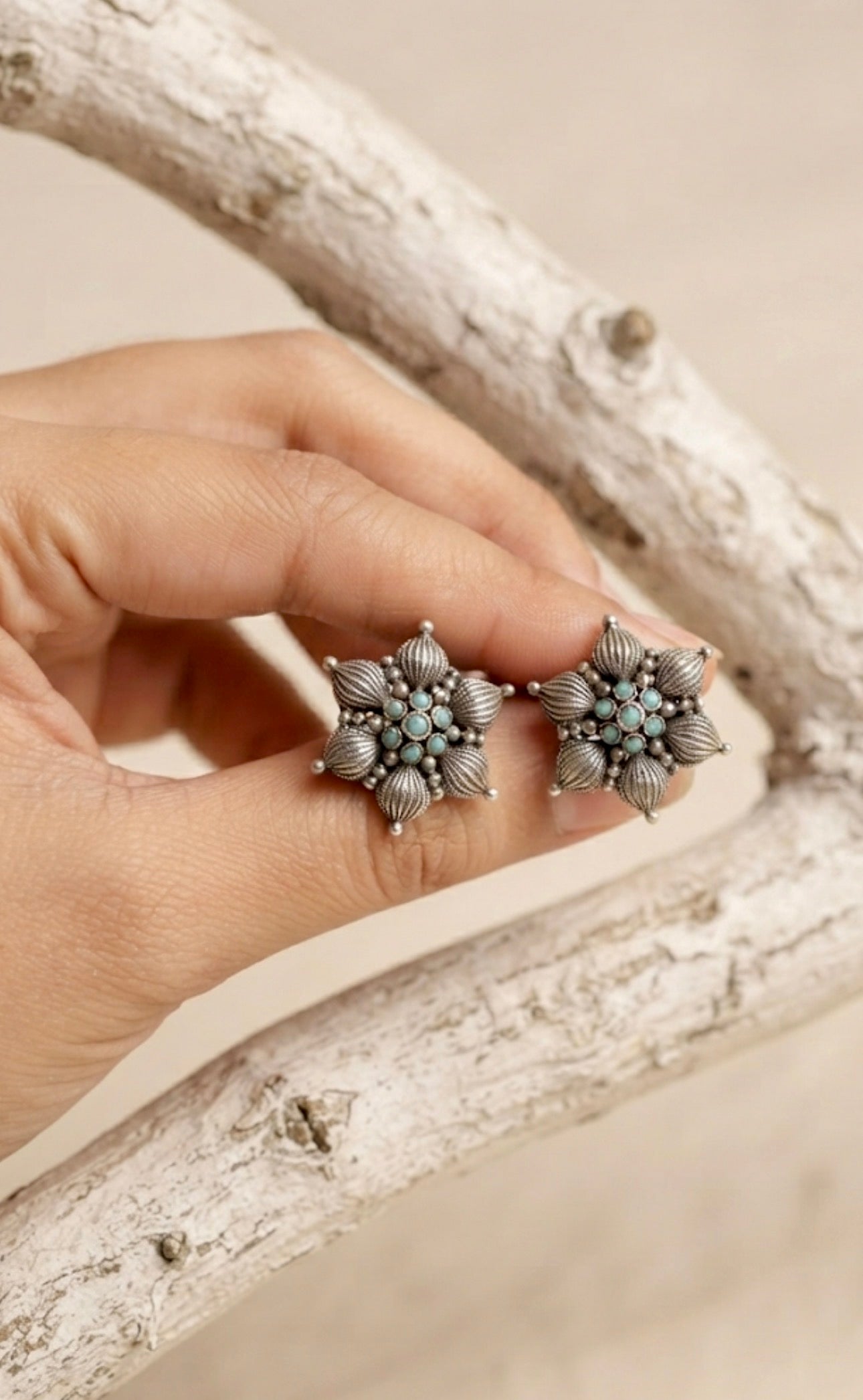 Vintage Floral Turquoise Oxidised Silver Stud Earrings