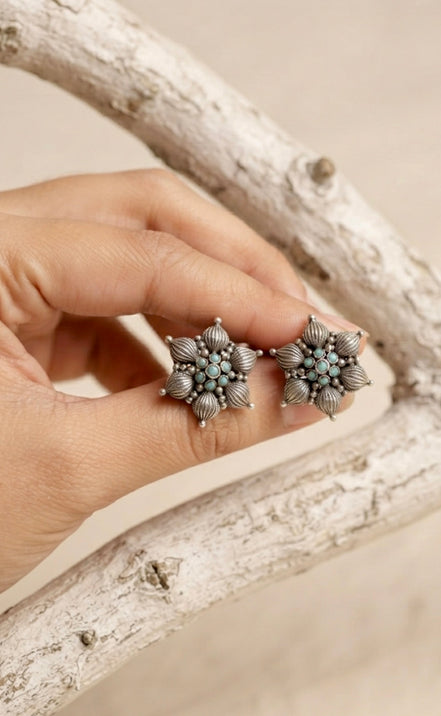 Vintage Floral Turquoise Oxidised Silver Stud Earrings