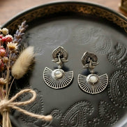Peacock Motif Fan-Shaped Oxidised Silver Drop Earrings