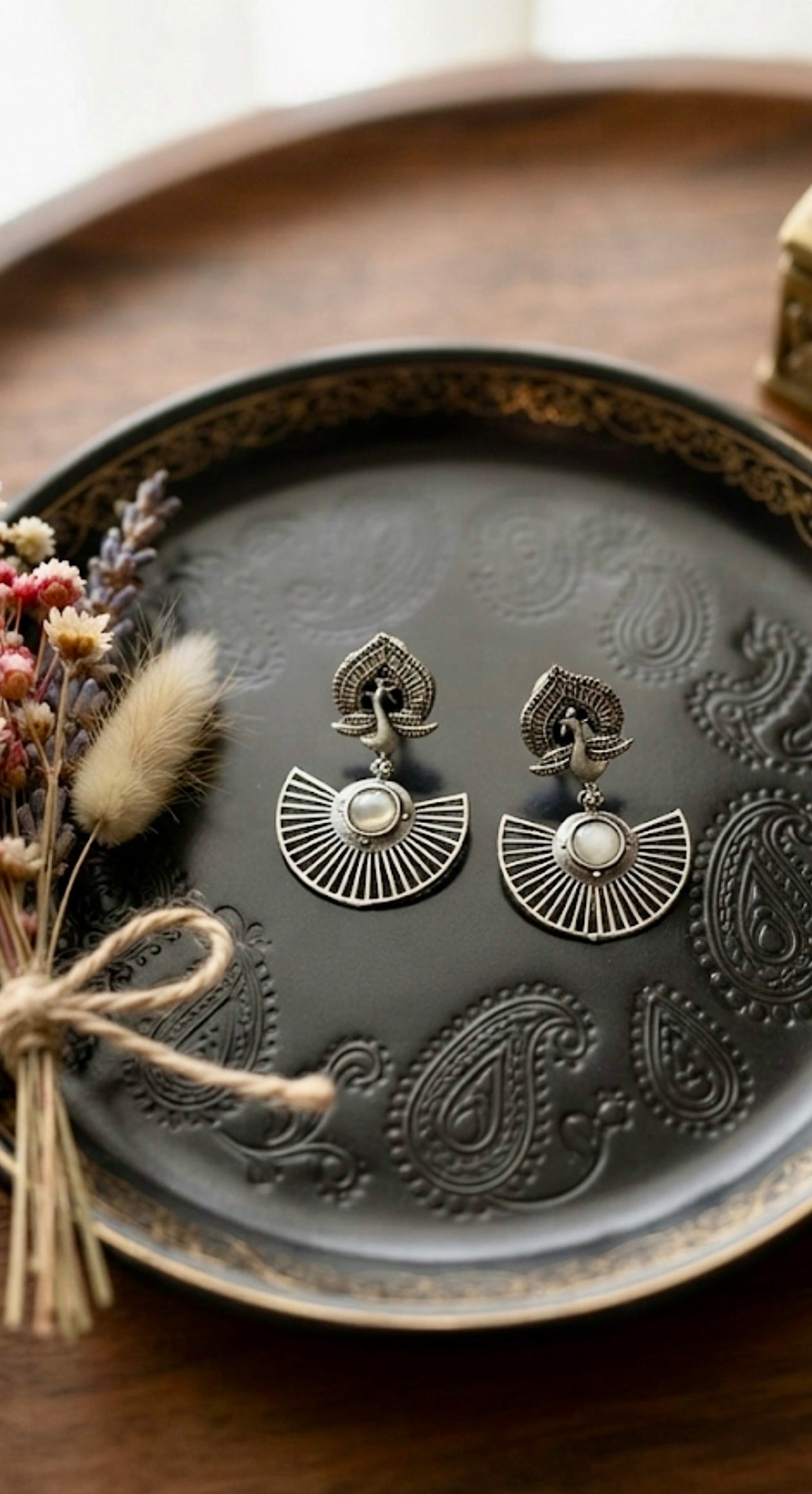 Peacock Motif Fan-Shaped Oxidised Silver Drop Earrings