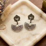 Peacock Motif Fan-Shaped Oxidised Silver Drop Earrings