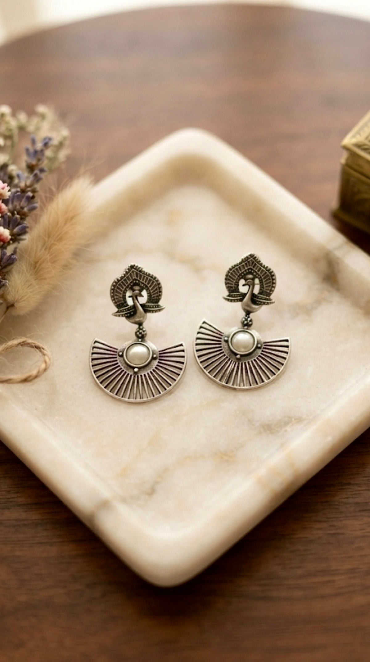 Peacock Motif Fan-Shaped Oxidised Silver Drop Earrings