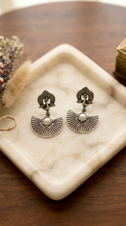 Peacock Motif Fan-Shaped Oxidised Silver Drop Earrings