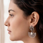 Peacock Motif Fan-Shaped Oxidised Silver Drop Earrings