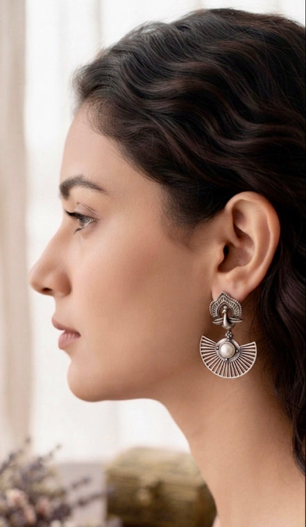 Peacock Motif Fan-Shaped Oxidised Silver Drop Earrings