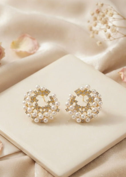 Stone-Studded Pearl Circular Studs Earrings.