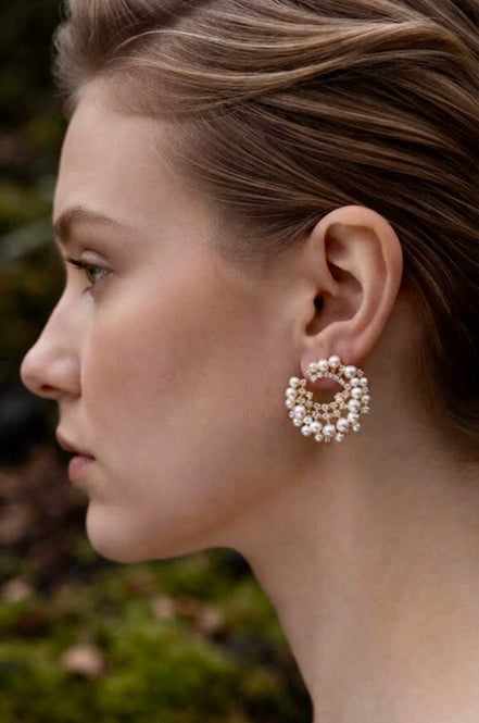 Stone-Studded Pearl Circular Studs Earrings.