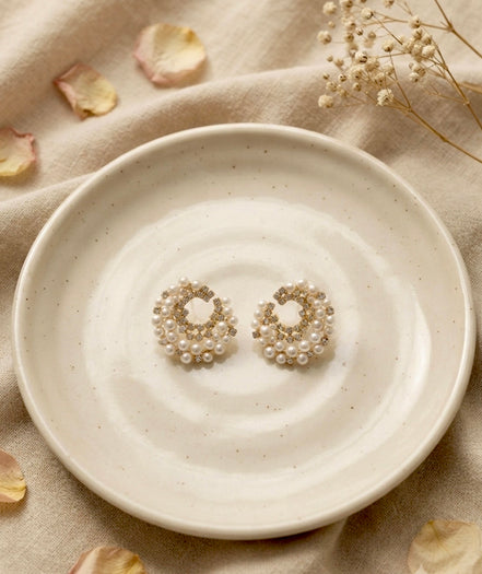 Stone-Studded Pearl Circular Studs Earrings.
