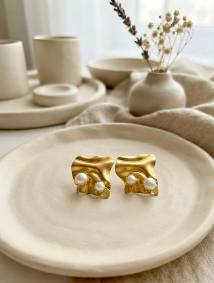 Gold Alloy Premium Molten Pearl Stud Earrings