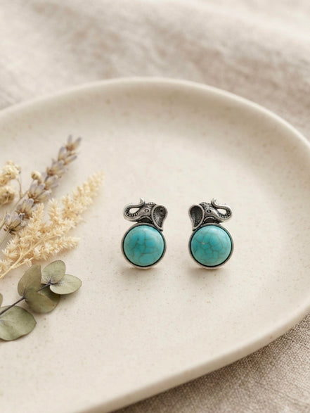 Antique Silver Elephant Motif Turquoise Stone Stud